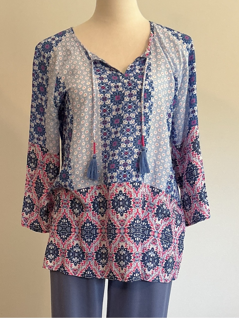 Tribal Blue and Pink Patchwork V-Neck Tunic with Tassel Ties